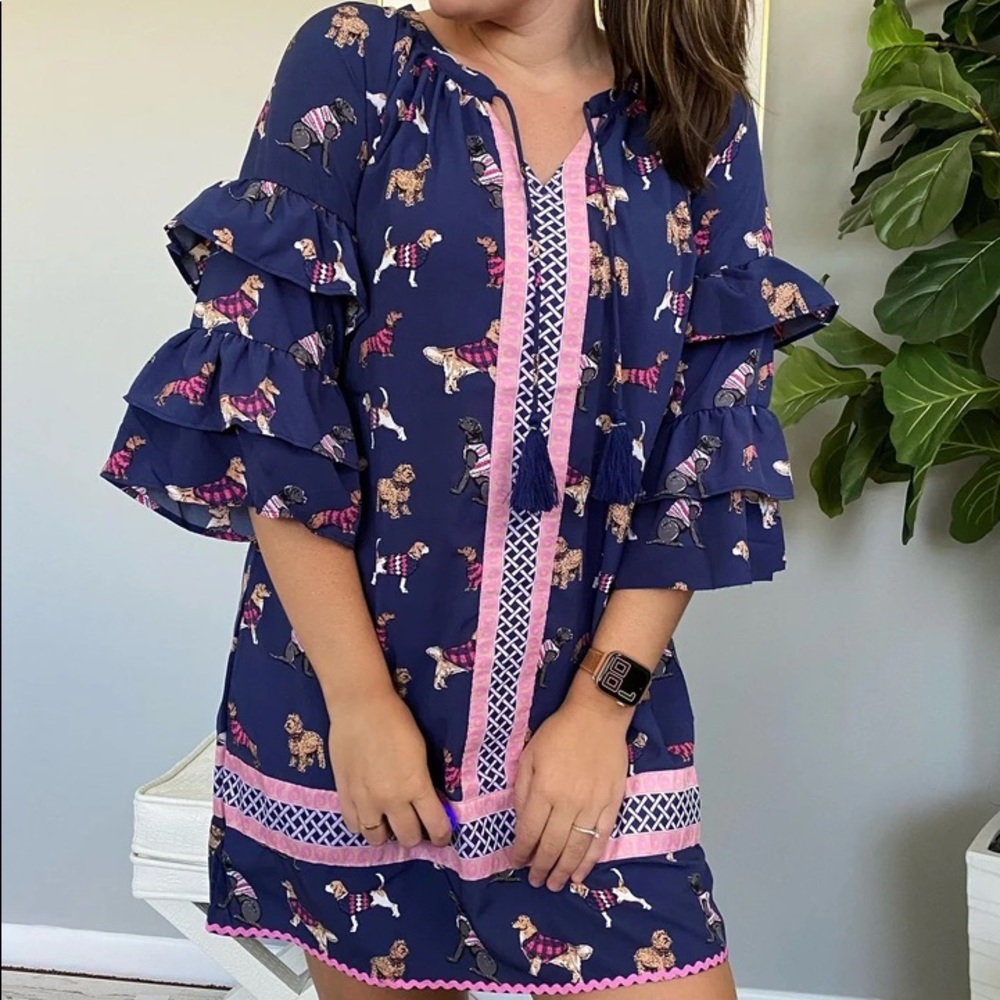 Simply Southern Dog Dress | Best in Show Dogs Print | Size Medium | Navy & Pink
